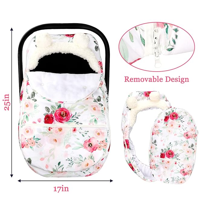 Car Seat Covers for Babies Winter, Flower Carseat Cover Girls, Zipped Cozy & Warm Cover, Universal, Ultra-Soft Breathable, Removable Design Infant Car Seat Canopy
