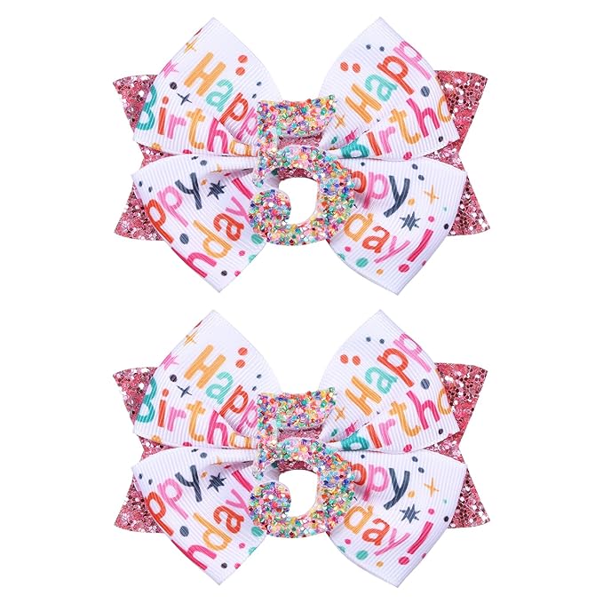 4" Glitter Happy Birthday Hair Bow Clips for Girls Ages 1-6, Pink Ribbon Cheer Bow Barrettes Alligator Hairpins, Confetti Ice Cream Party Dress Accessories, Her 5th Birthday Gift