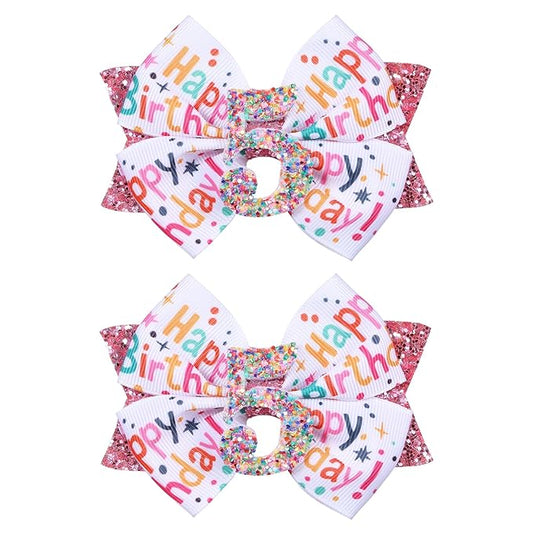 4" Glitter Happy Birthday Hair Bow Clips for Girls Ages 1-6, Pink Ribbon Cheer Bow Barrettes Alligator Hairpins, Confetti Ice Cream Party Dress Accessories, Her 5th Birthday Gift
