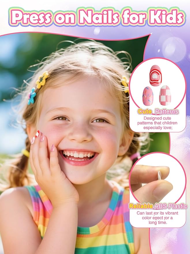 26PCS Press on Nails for Kids, TOROKOM Kid Fake Nail Set with Glue,Candy Heart Plaid Stick on Nails for Girls Gift Age 8 9 10 11 12