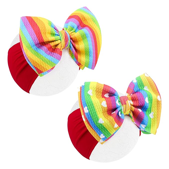 Toddler Hair Bows Gay Pride Hair Accessories, 2 Pcs 6 inches Rainbow Newborn Headbands Big Bows for Infant Girl - Rainbow Diagonal Stripe & Rainbow Stripe with White Heart Patterns