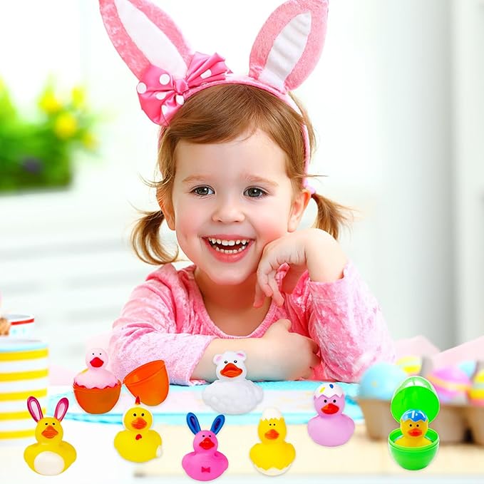 18 Pcs Prefilled Easter Eggs with Bunny Duckies,Bright Colorful Easter Eggs Filled with Rubber Duck,Squeeze Duckies Bunny Bathtub Toys for Easter Basket Stuffers,Bath Toys,Party Favors