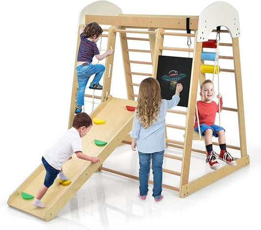 Costzon Indoor Playground, 8-in-1 Montessori Jungle Gym Beech Wood Climbing Toys for Toddlers w/Double-Sided Slide, Climbing Rock/Net, Indoor Playground Climber Playset for Kids 3+ Years (Natural)