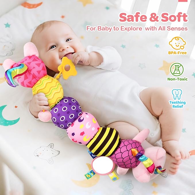 Baby Toys 0-6 6-12 Months, Sensory Musical Animal Stuffed Plush Unicorn Cat Toy for Infant 0-3-6 Months & Up, Tummy Time with Mirror Crinkle Rattle, Christmas Baby Shower Gifts for Newborn Boys Girls