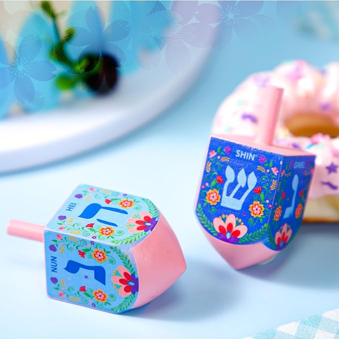 Wonderjune 2 Pcs Hanukkah Dreidels Extra Large Wooden Dreidel for Hanukkah Decoration with English Transliteration, Forever Spinning Tops Party Favors(Floral)