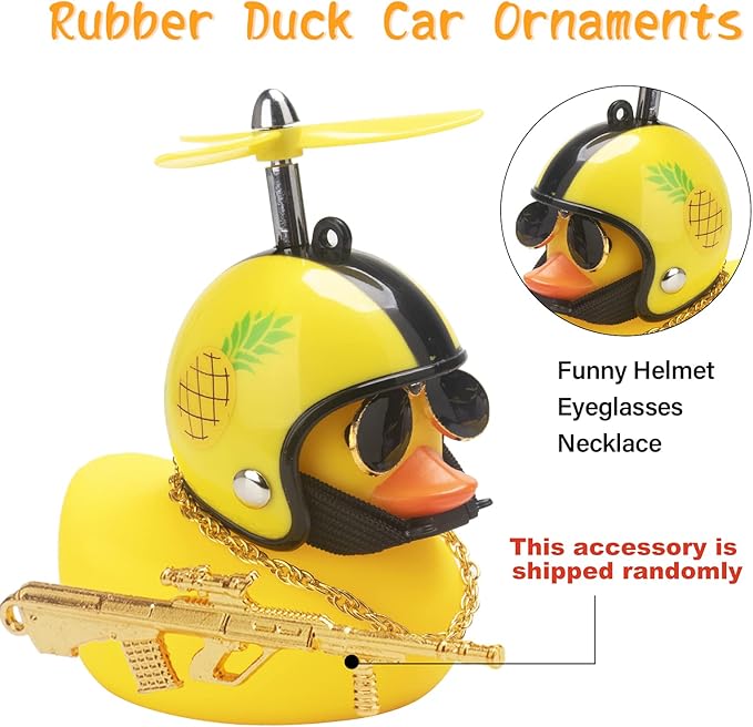 wonuu Rubber Duck Car Ornaments Cool Yellow Duck Car Dashboard Decorations Squeaky Glasses Duck with Propeller Helmet for Car ccessories Dashboard (Pineapple-Yellow G)