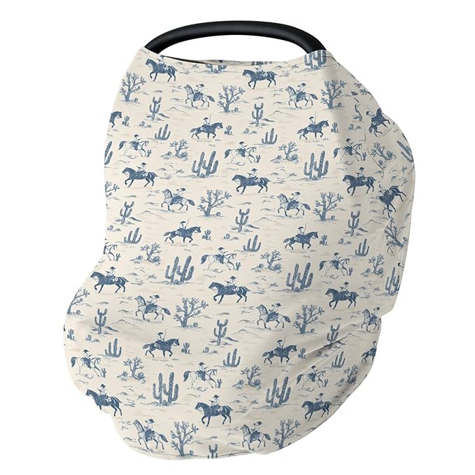 Vintage Western Cowboy Car Seat Cover for Babies Retro Cowboy Horse Cactus Stretchy 5-in-1 Cover Adjustable Car Canopy Breastfeeding Cover Wild Desert Breathable Nursing Cover-Up