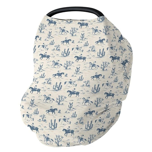 Vintage Western Cowboy Car Seat Cover for Babies Retro Cowboy Horse Cactus Stretchy 5-in-1 Cover Adjustable Car Canopy Breastfeeding Cover Wild Desert Breathable Nursing Cover-Up