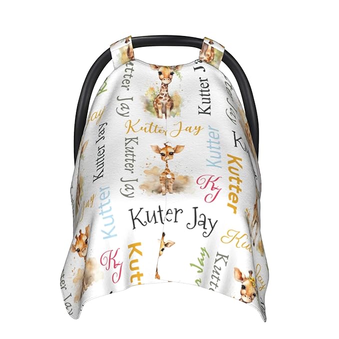 Personalized Baby Car Seat Cover Winter Custom Minky Carseat Cover Boy Girls with Name Giraffe Carseat Canopy Customized Car Seat Canopy Infant Carrier Covers Nursing Cover Toddler Blanket