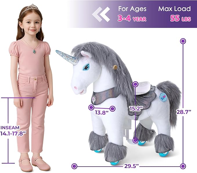 PonyCycle Grey Pony Ride on Horse Unicorn Advanced Model Y Riding Unicorn Ponies Toy (28.7" Height for Kids Ages 3–4) Riding Pony with Wheels, Realistic Birthday Gift for Kids Pony Ride Y356