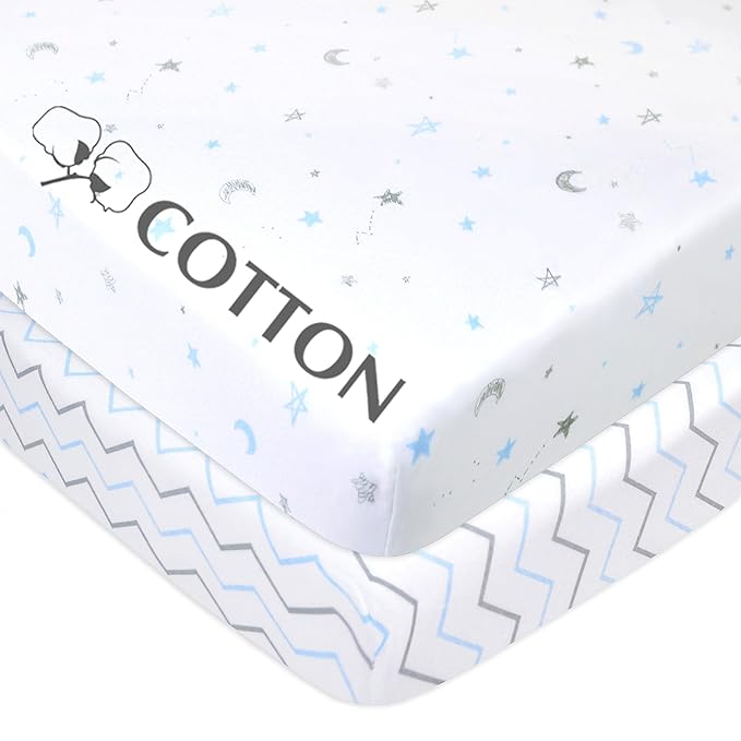 American Baby Company 2 Pack 100% Natural Cotton Fitted Pack and Play Sheets 39" x 27" - Soft & Breathable Pack N Play Sheets for Playard & Mini Crib Mattress, Blue Stars/Zigzag, for Boys & Girls