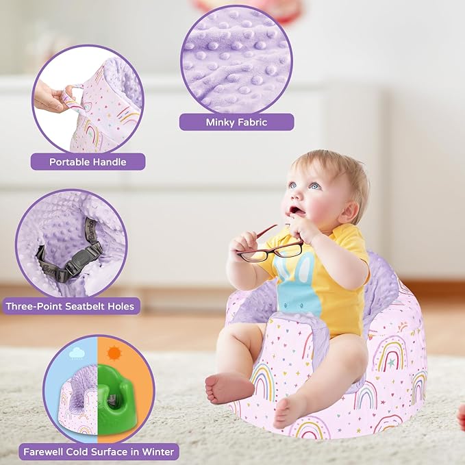 Seat Cover Compatible with Bumbo Seat, Soft and Breathable Baby Floor Seat Cover for Baby Boy & Girl (Cover Only), Purple Love and Rainbow