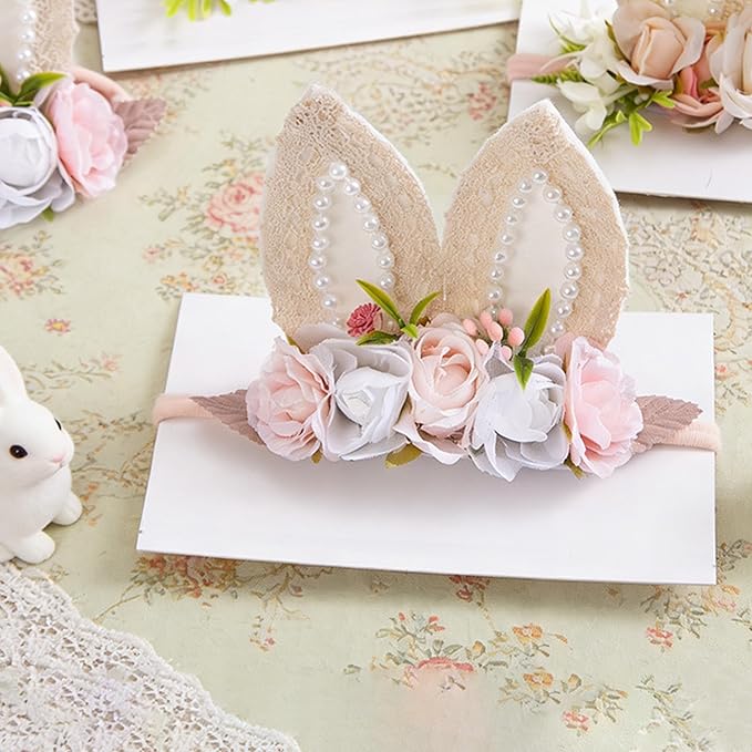 KIDOCHEESE Baby Girl Floral Easter Bunny Ears Headband Rabbit Ears Nylon Hairband for Newborn Infant Toddler Easter Hair Accessories Gift