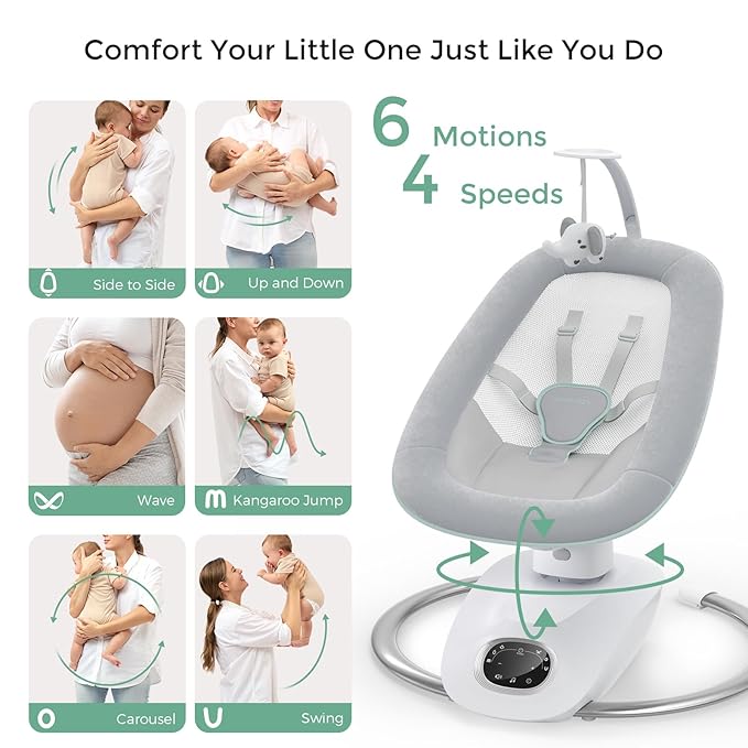 Momcozy CocoSway Electric Baby Swing for Infant, 180° Rotating Seat, 6 Parent-Like Sway Motions & 4 Speeds, Quiet Soothing, Remote Control, Machine-Washable Cover, Grey