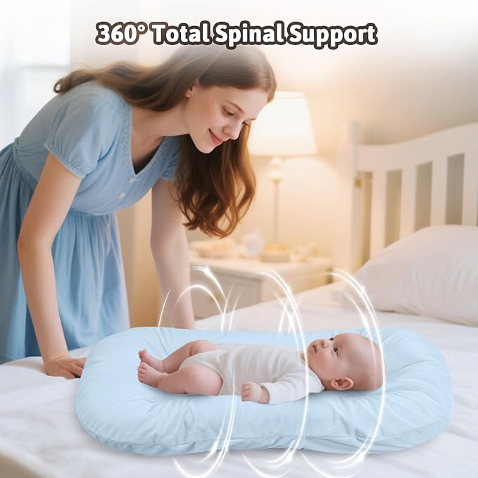Baby Lounger, Baby Lounger for Newborn 0-24 Months, 100% Breathable Cotton Baby Nest for Tummy Time & Diaper Changes, Portable Infant Essentials for Home & Outdoor(Misty Blue)