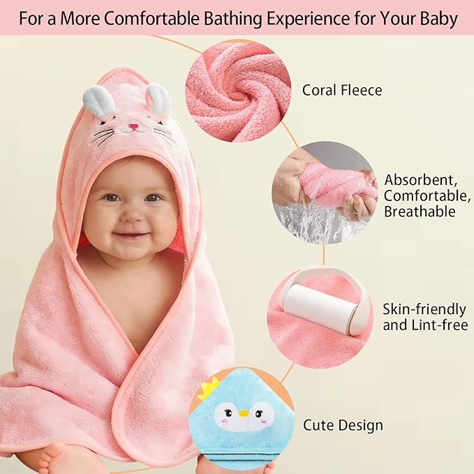 Hooded Baby Towel Set, 32x32 Inch Absorbent Bath Towels, 4 PCS Soft Hooded Towels, Perfect for Newborns, Toddlers, Babies, Essential Baby Bath Accessories (Pink + Blue + White + Yellow)