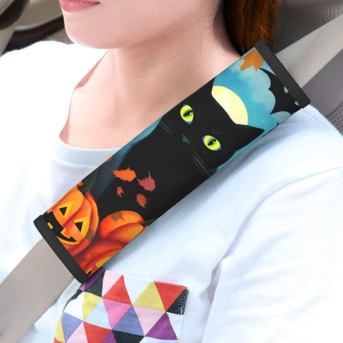 Black Cat Seat Belt Cover Fits Cars Trucks SUV Sedans Air Permeability Car Seatbelt Strap Cover, Halloween Pumpkin Autumn Auto Interior Accessories Protector