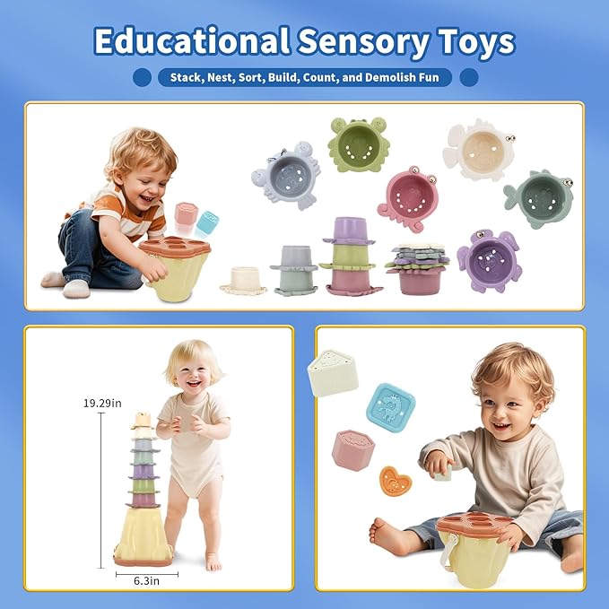 BYFWH Stacking Toy for Toddler 1-3, 4 in 1 Montessori Sensory Toys, Shape Sorter for Sand Bath Play, Infant Learning Color Sorting Toy for Fine Motor Skills, Birthday Gift for Baby Boys Girls 1 2 3