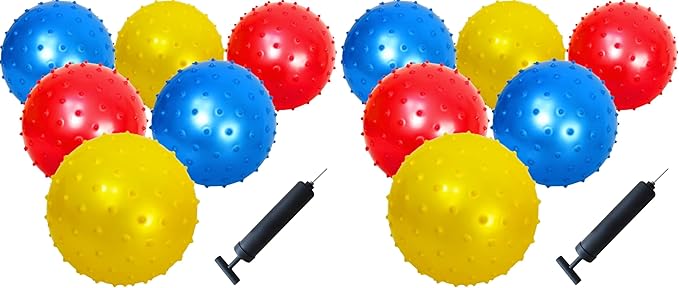 AppleRound 6-Pack of 7-inch Knobby Balls with 1 Air Pump - Fun Sensory Toy for Babies and Toddles, Party Favors, Inflatable Bouncy Balls