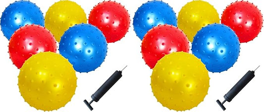 AppleRound 6-Pack of 7-inch Knobby Balls with 1 Air Pump - Fun Sensory Toy for Babies and Toddles, Party Favors, Inflatable Bouncy Balls