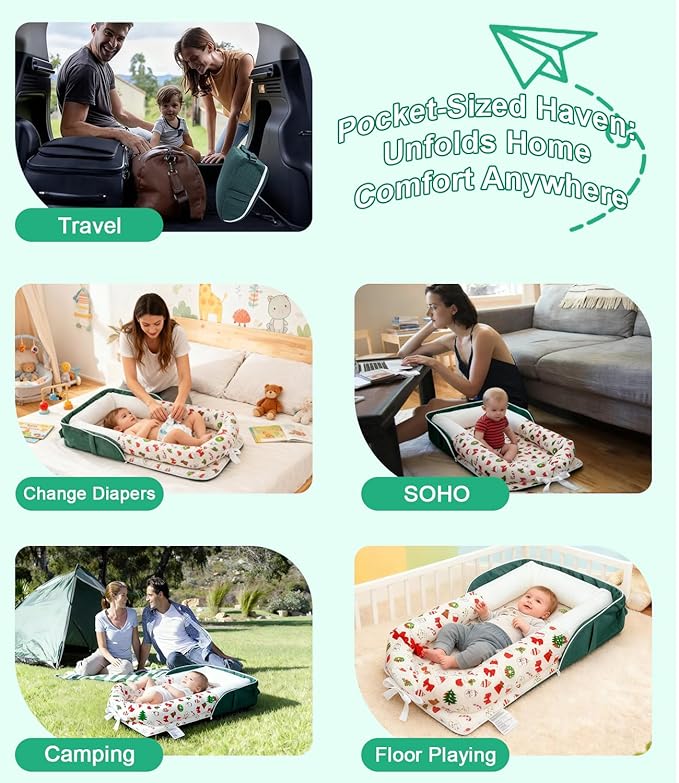 Baby Lounger, Portable Foldable Travel Lounger for Newborn 0-12 Month, Washable Lightweight Infant Nest with Canopy, Soft Breathable Baby Nest with Adorable Pattern, Home & Outdoor Use