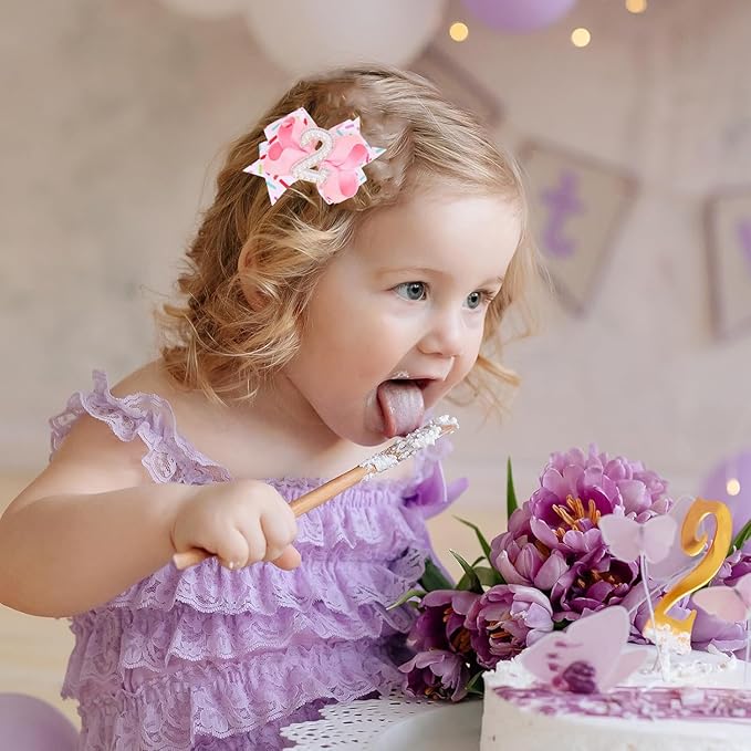 Birthday Pearl Hair Bow Clips for Baby Girls - 2Pcs Sweet Pink Hair Clips Number 2 Made of Many Small pearls for 2nd Birthday Bow Party Decorations for Girls Toddlers Hair Accessories (Pearl-2 Years)