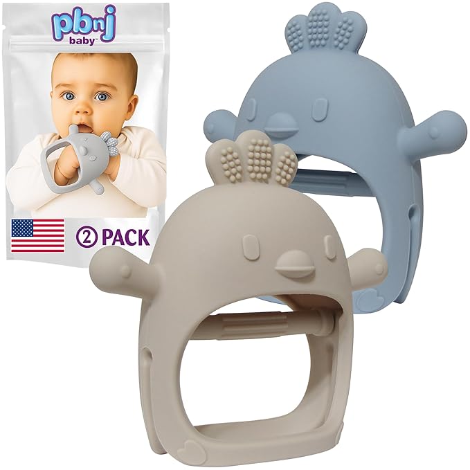 PBnJ Baby Teething Mittens for Babies 0-6 Months, 2 Pack Silicone Teething Mitten with 3 Textures & Crinkle Sound, BPA-Free Teether Glove for Teething Relief, Adjustable Baby Teething Toys 3-6 Months