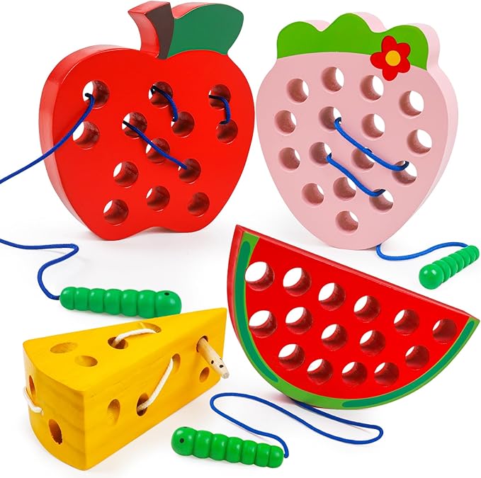 Wooden Toys Lacing Toys for Toddlers 3-5,Plane Activities Car Travel Toy Montessori Educational Learning Threading Toys for Fine Motor Easter Basket Stuffers Gift for Boys Girls(4 pcs)