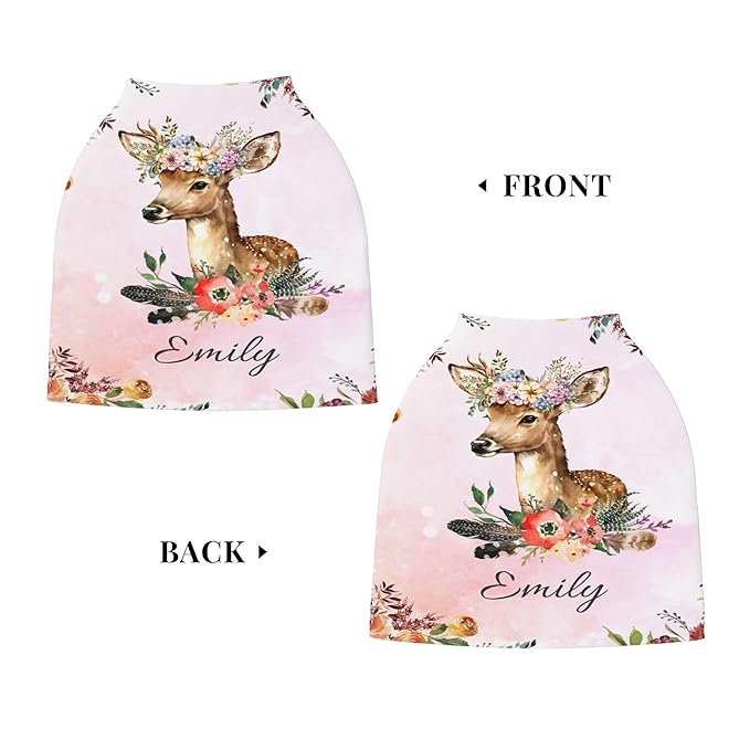 Personalized Deer Baby Car Seat Cover with Name,Multi-Use Canopy for Nursing, Strollers,Shopping Carts,Customized Breastfeeding Cover, Full Privacy,Infant Stroller Cover