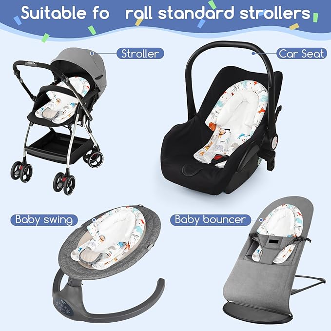 Infant Car Seat Insert & Strap Cover for Baby Boys, 2 in 1 Carseat Head Support Newborn, Ultra Soft Car Seat Cushion for Babies, Plush Fabric, Fit for Swing, Car Seat, Stroller, Bouncer, White