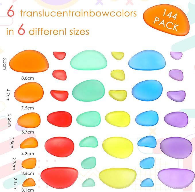 Simgoing 144 Pcs Rainbow Stacking Stones Colorful Pebbles Sorting and Stacking Stones Light Table Accessories Manipulatives Educational Toys for Preschool Kindergarten Montessori Toys, 6 Colors