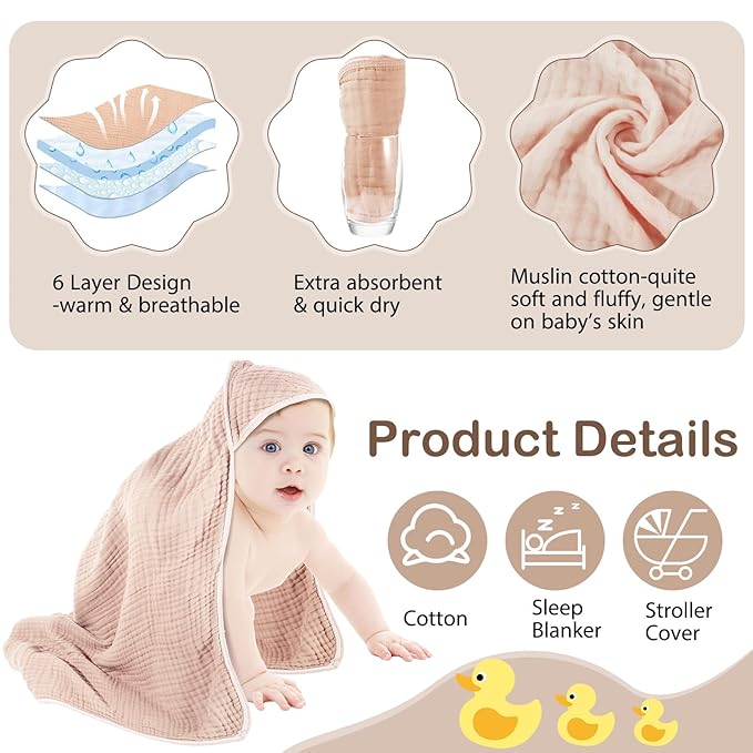 Peryiter 4 Pcs Muslin Hooded Baby Towels 32 x 32 Inch Cotton Newborn Bath Essentials Muslin Infant Blankets Absorbent Registry Gifts for Girl Boy Kids Baby Shower (Coffee)