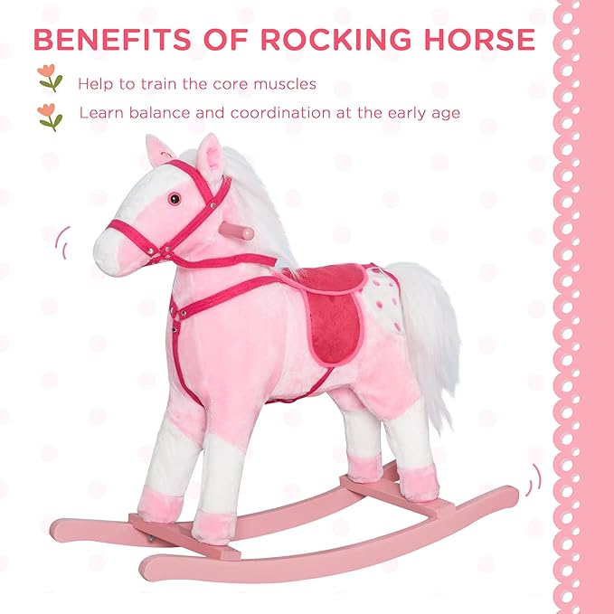 Qaba Kids Rocking Horse Plush Ride On Toy Toddler Rocker for Boys Girls Gifts with Realistic Sounds, Pink