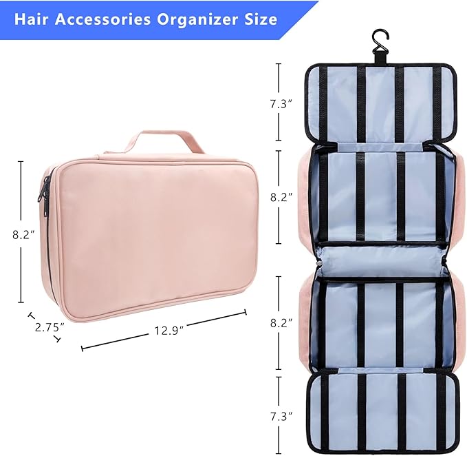 Baby Girl Hair Bow Organizer Bag - Multi-Pocket Hair Accessories Storage with Hanging Hook and Transparent Pockets for Hair Clips, Headbands, Scrunchies, Portable Travel Carrying Case (Pink)