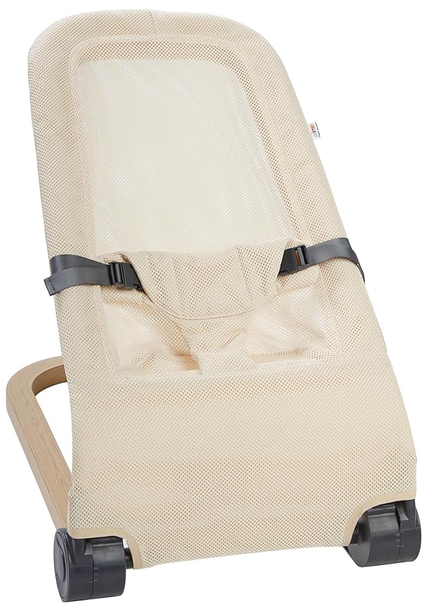 Giggle Bounce Deluxe Folding Baby Bouncer with Soothing Natural Movement, Convenient Portable Folding Design, Adjustable Multi Position Recline, Removable Mesh Cover, and Wood Grain Base, Cream