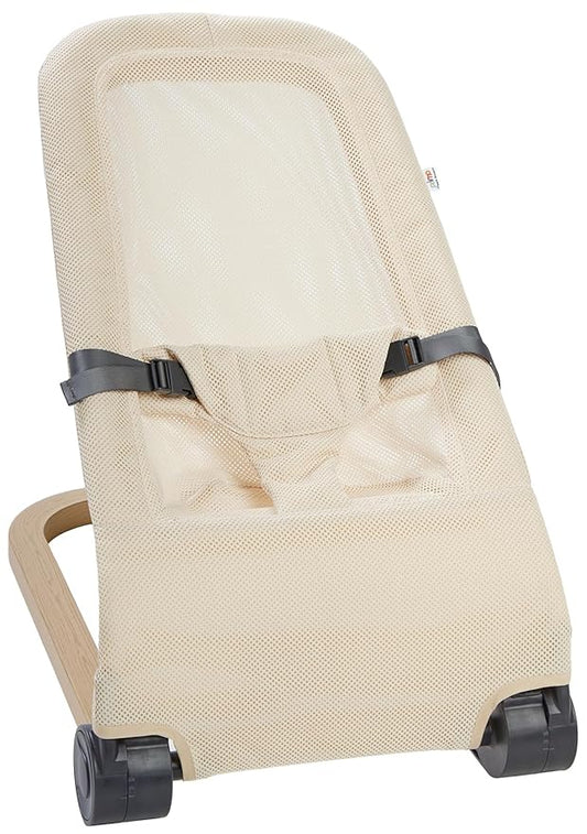 Giggle Bounce Deluxe Folding Baby Bouncer with Soothing Natural Movement, Convenient Portable Folding Design, Adjustable Multi Position Recline, Removable Mesh Cover, and Wood Grain Base, Cream