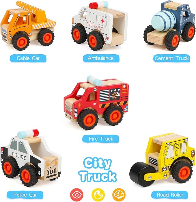 6Pcs Wooden Cars for Toddlers 1-3,Car Toys,Push and Go Vehicle,Kid Vehicle Toys,Hand Push Car Toys for 1+ Year Old,Montessori