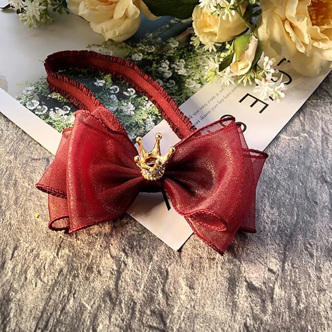Cute Baby Girl Headband with Lace Bow and Crown Elastic Lace Bow Hair Band Newborn to Toddler Hair Accessory Shower Birthday Party Gift (Dark red, Free)