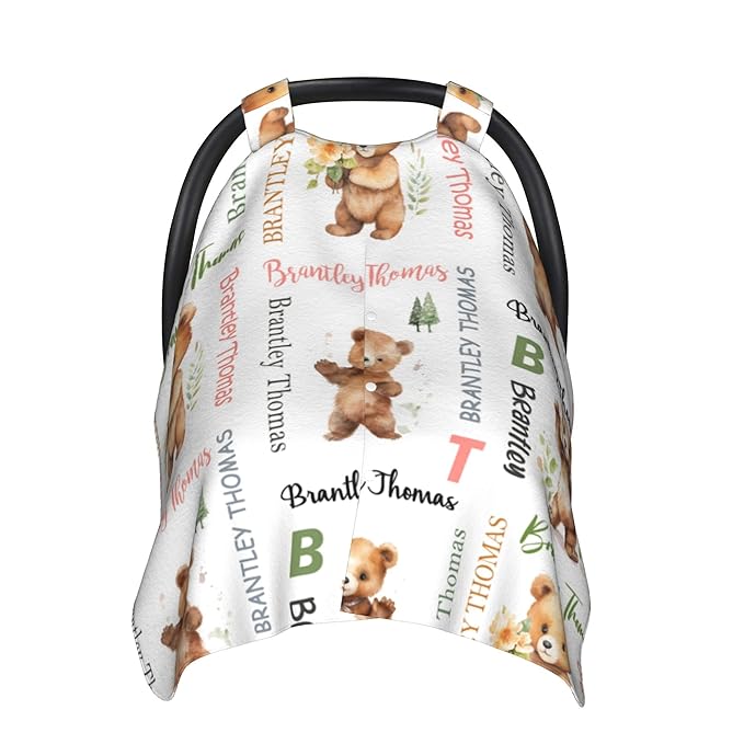 Custom Baby Car Seat Canopy Personalized Car Seat Covers with Name for Baby Boys Girls Customized Bear Nursing Breastfeeding Cover Infant Carseat Canopies Newborn Minky Baby Blanket