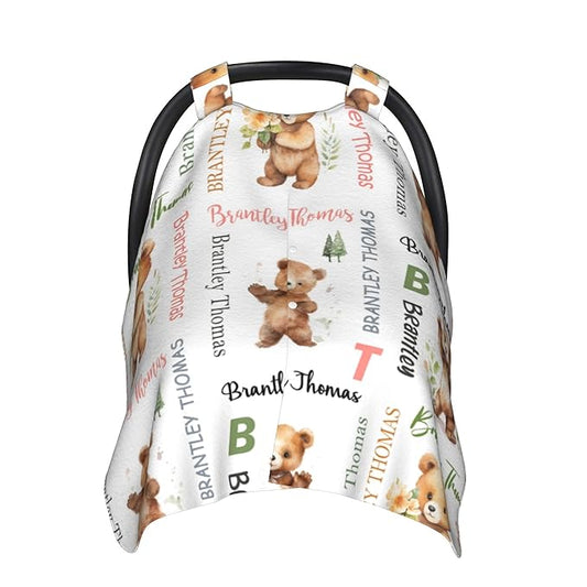 Custom Baby Car Seat Canopy Personalized Car Seat Covers with Name for Baby Boys Girls Customized Bear Nursing Breastfeeding Cover Infant Carseat Canopies Newborn Minky Baby Blanket