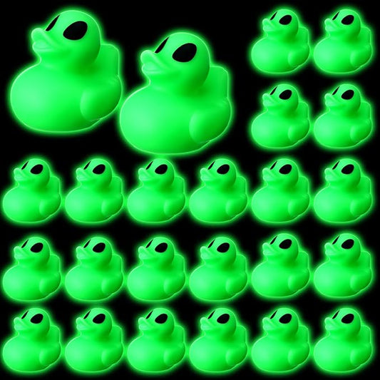 Leyndo 24 Alien Duck Figures Glow in The Dark Rubber Aliens Party Favors Decoration Green Squeaky Duck Figurine to Hide and Seek Bath Toys Bag Fillers Bulk Gifts for Space Party Supplies