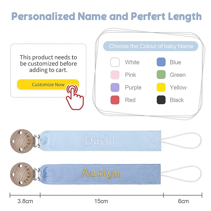 TYRY.HU Personalized Pacifier Clip with Name, Embroidery Pacifier Holder for Baby Girls and Boys, Neutral Binky Clips Universally Fit All Pacifiers, Baby Gift, 2 Pack(Blue,Light Blue)