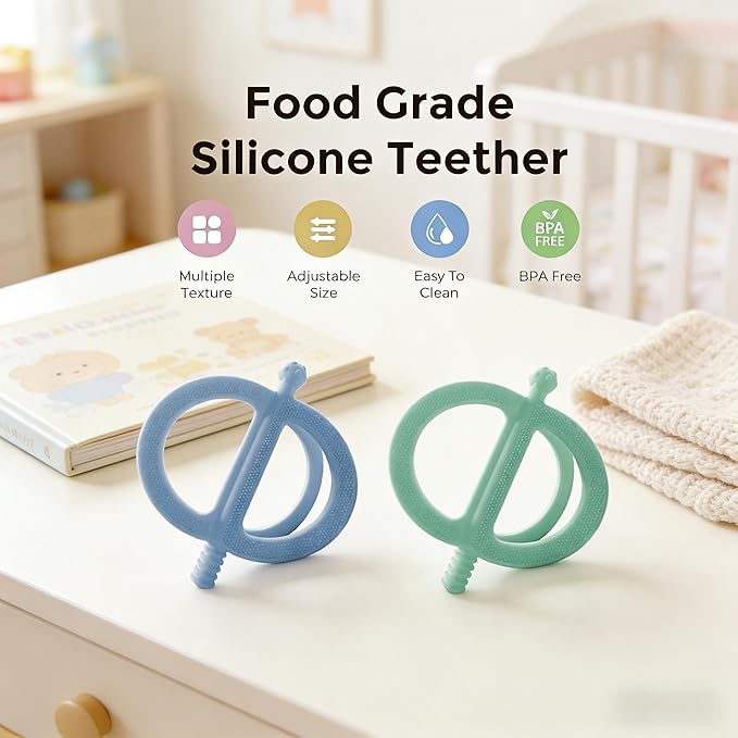 Baby Teething Toys Easy to Hold - 100% Food Grade Silicone Teething Ring for Babies 0-18 Months - BPA Free Teething Pain Relief for Infants 3-6-12 Months,Blue&Teal