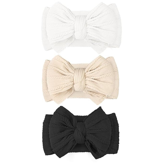JOYOYO 3 Pcs Soft Wide Turban Baby Headbands with Double-Layer Bow for Baby Girls, Newborns, Toddlers(White, Beige, Black)