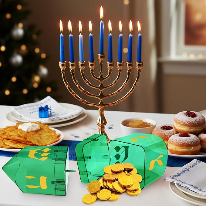 Large Fillable Dreidels for Hanukkah, Pack of 4 Plastic Dreidels Bulk, Green Large Dreidels That Bring Joy and Tradition to Every Celebration