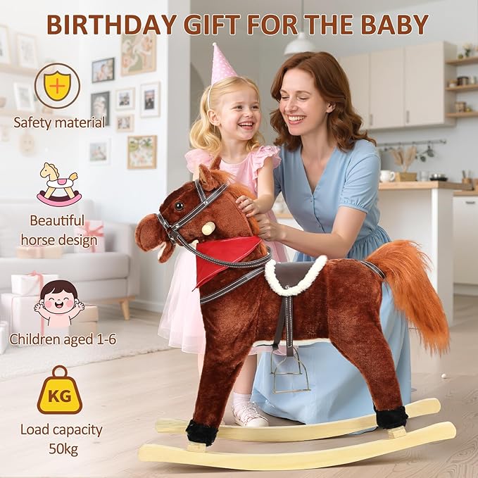 Rocking Horse Toy for Kids Plush Ride on Animal with Wooden Rockers, Moving Mouth and Wagging Tail, Musical Sounds, Baby Rocking Chair, 120kg Weight Capacity, Ages 1-6 Dark Brown Small