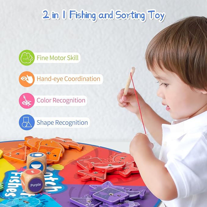 Montessori Toys for Toddlers 1-3,Wooden Magnetic Fishing Game Educational Shape & Color Sorting for Kid 3-5,Boy Girl Preschool Learning Motor Skill Matching Activity Toy for Age 2-4 (Foldable mat)