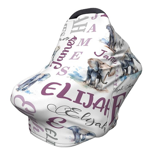 Personalized Baby Car Seat Covers for Babies, Custom Elephant Nursing Breastfeeding Carseat Canopy with Name, Infant Stroller Covers for Newborn Girls Boys, Breathable Carseat Cover