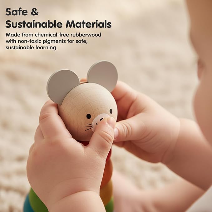 PlanToys® Mouse Stacking Ring Wooden Montessori Size and Colour Sorting Toy | Fine Motor, Coordination and Early Math Learning Activity | Eco Friendly Educational Stacking Toy