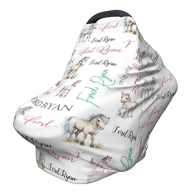 Personalized Car Seat Covers for Babies with Name – Multi-use Breastfeeding Cover Custom Horse Carseat Canopy Cover, Infant Stroller Covers for Boys and Girls